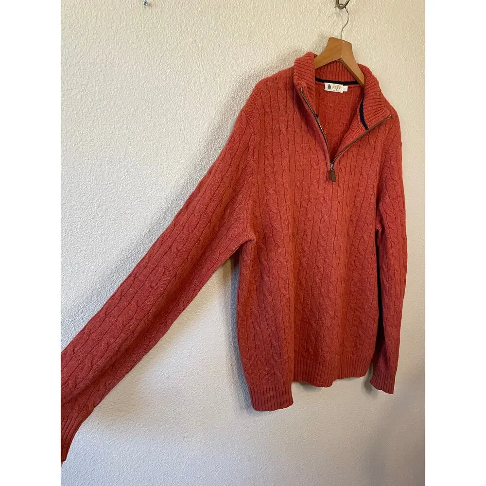 J. Crew Men's Lambs Wool Cable Knit Zip Up Pull On Henley Sweater Large Orange